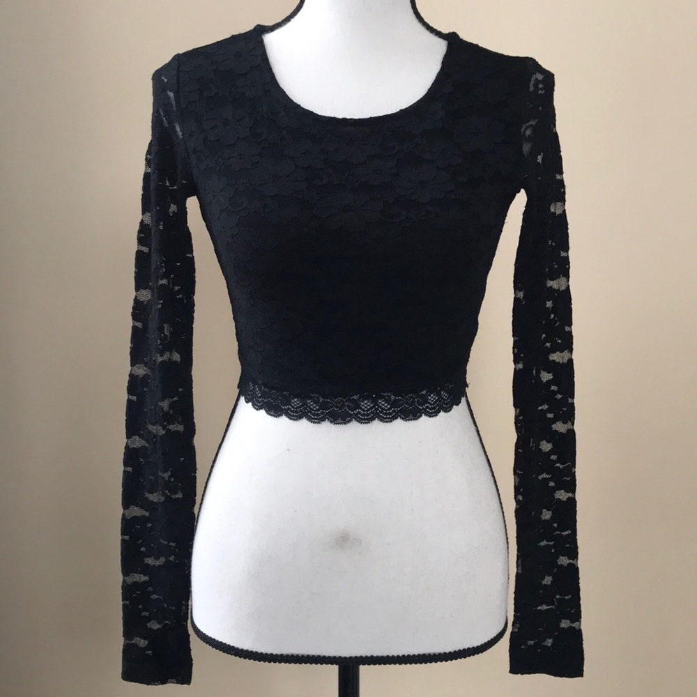 F21 Black Long Sleeve Lace Crop Top